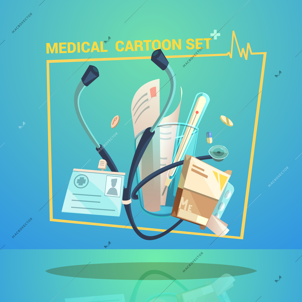 Medical objects set with thermometer pills and stethoscope cartoon vector illustration