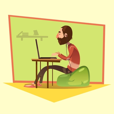 Programmer working with table and laptop on yellow background cartoon vector illustration