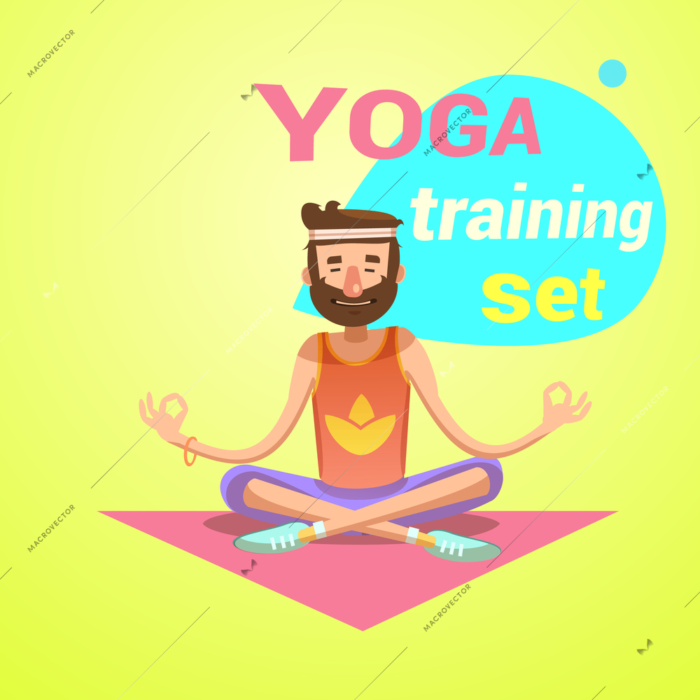 Yoga retro cartoon with happy man in lotus pose vector illustration