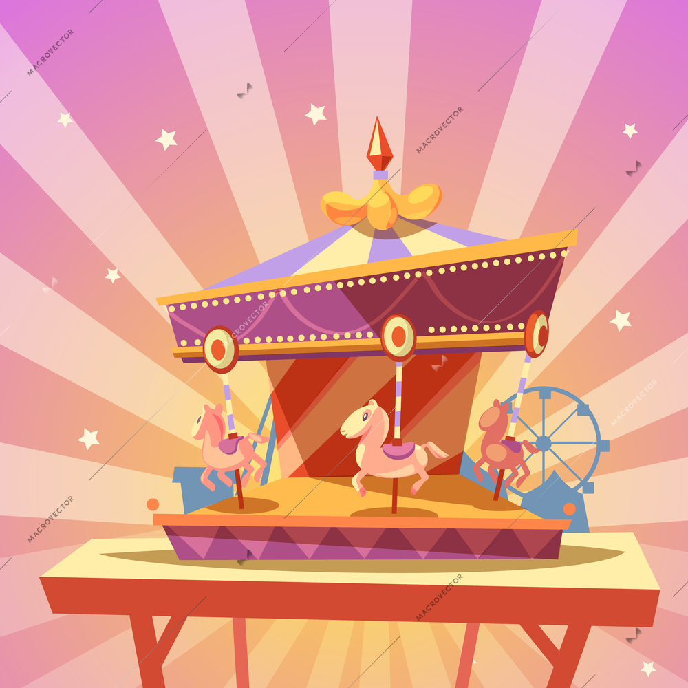 Amusement park cartoon with retro merry-go-round carousel vector illustration