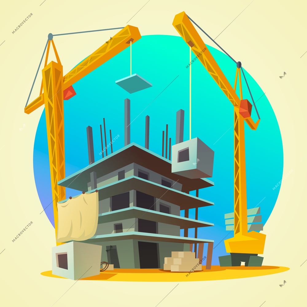 House building concept with retro style construction machinery cartoon vector illustration