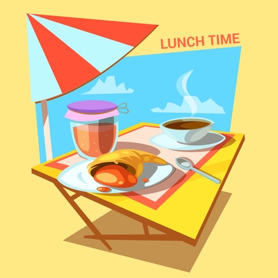 Lunch time cartoon with croissant bakery jam and coffee cup on the table retro style vector illustration