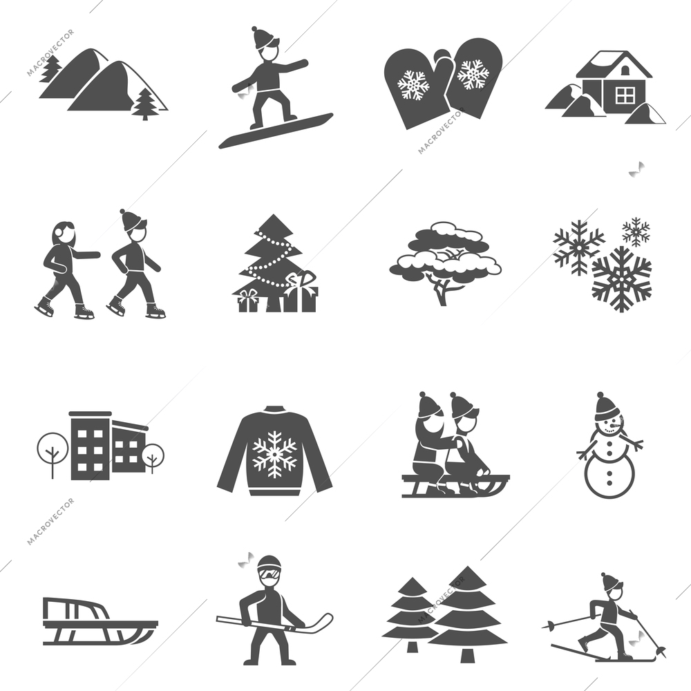 Winter decorative icons set with snowman fir tree and skiing children black and white abstract isolated vector illustration