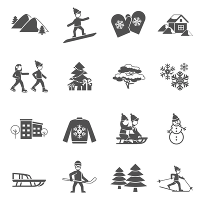 Winter decorative icons set with snowman fir tree and skiing children black and white abstract isolated vector illustration