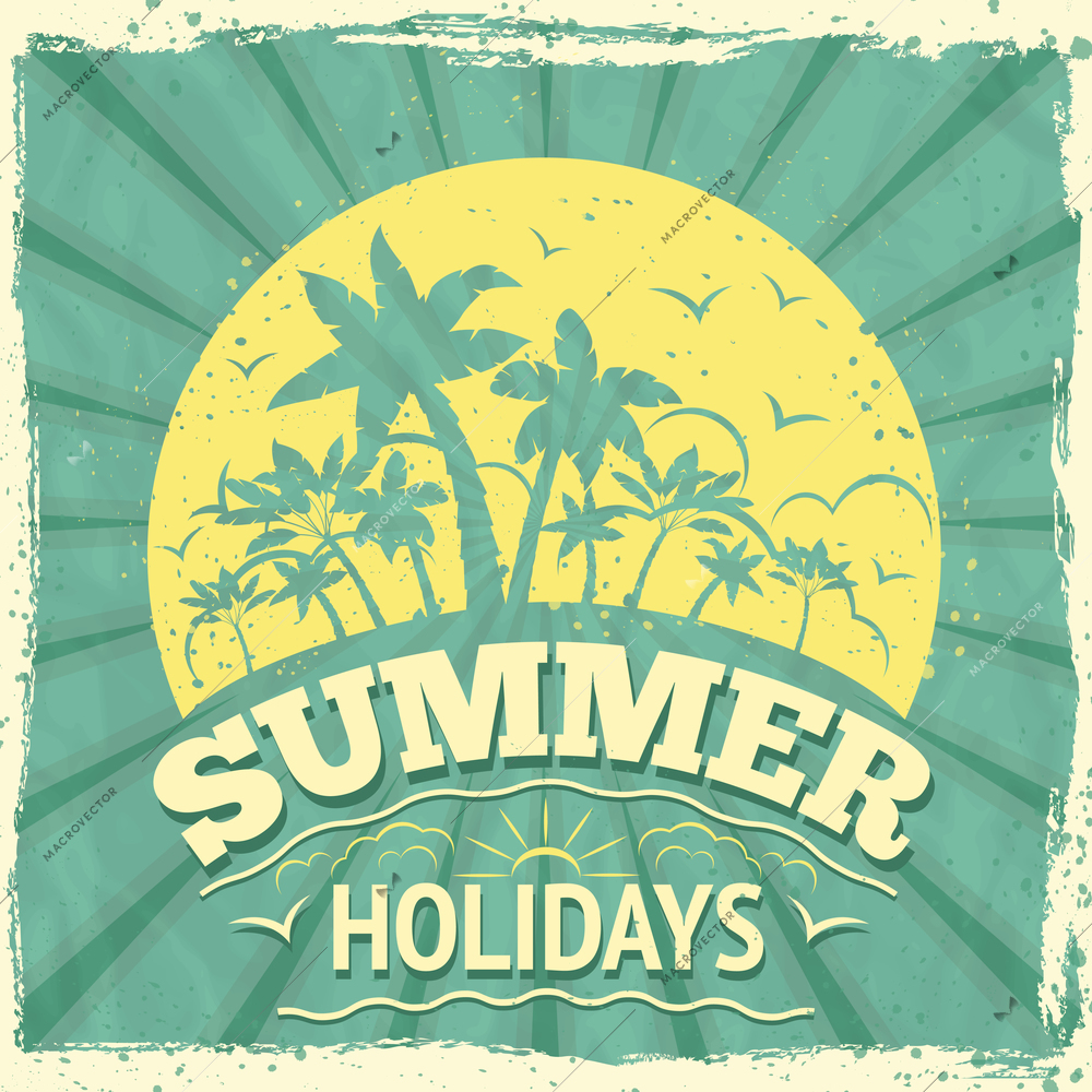 Summer holiday vacation travel background poster with sunset and palm trees vector illustration