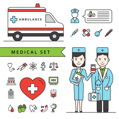 Medicine concept set with ambulance car doctors and  medical equipment icons isolated vector illustration