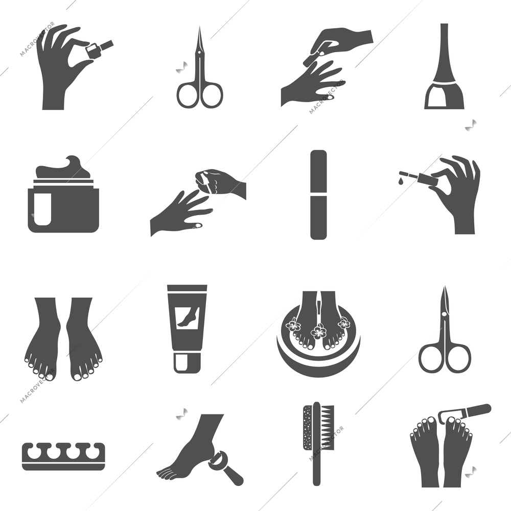 Manicure and pedicure black icons set with water foot massage machine and nail polish abstract isolated vector illustration