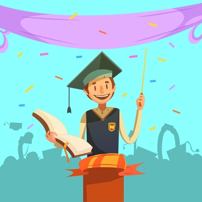 Education retro cartoon with happy graduating pupil holding open textbook vector illustration