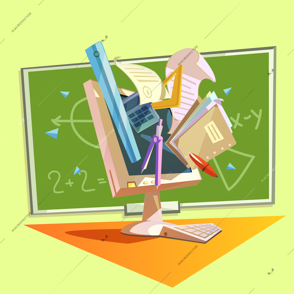 Education concept with school studying supplies in retro style vector illustration