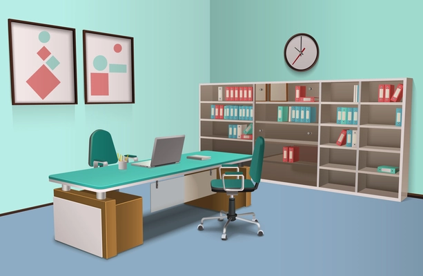 Realistic room in the office for big boss with  computer and rack and abstract decorations on the wall vector illustration