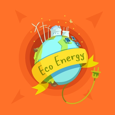 Ecological energy retro cartoon with globe and eco power stations on it vector illustration