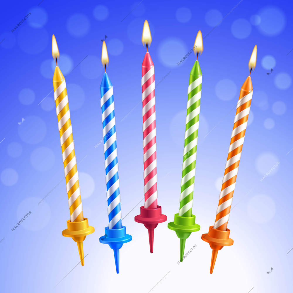 Realistic 3d colorful birthday cake burning candles set on blue background vector illustration