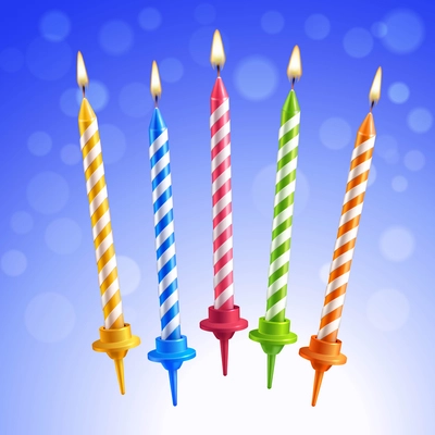 Realistic 3d colorful birthday cake burning candles set on blue background vector illustration