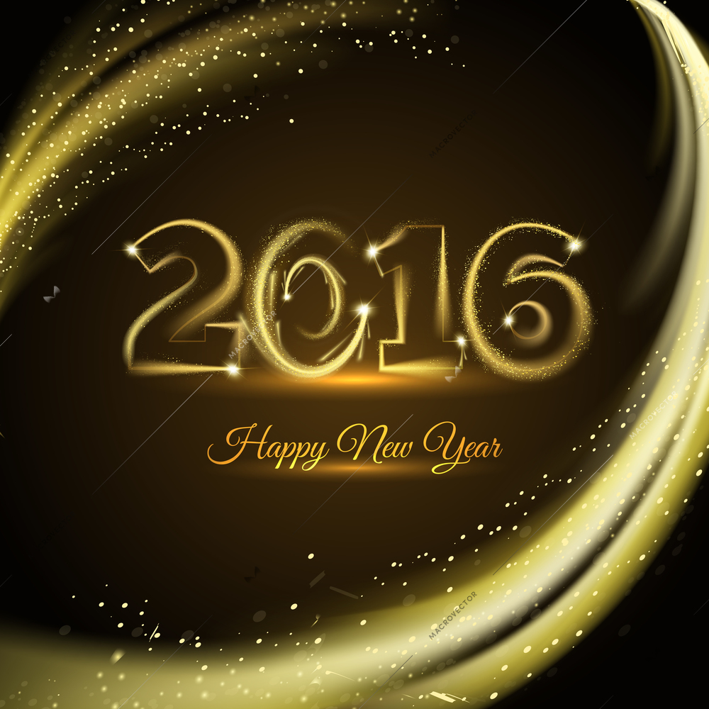 Greeting card print of happy new year with big 2016 number drawn in golden shades vector illustration