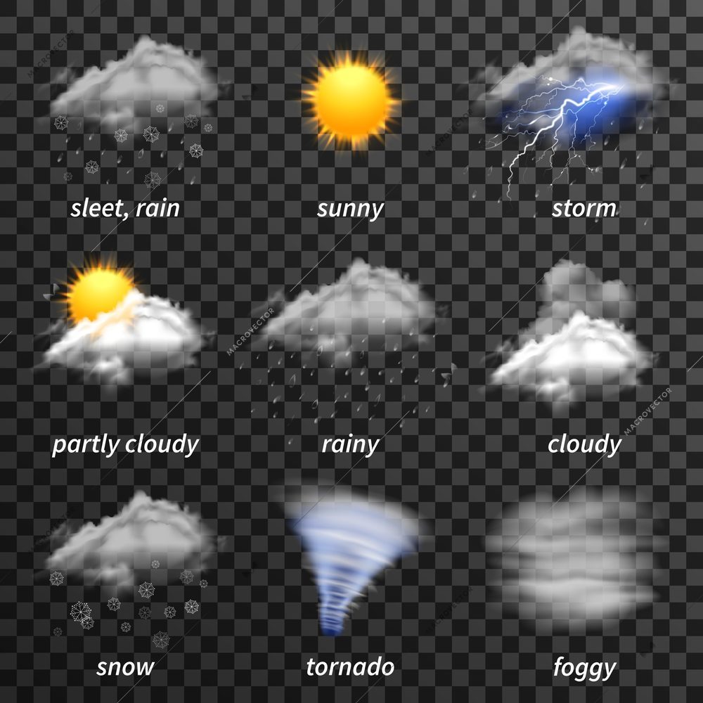 Realistic weather icons set isolated on transparent background vector illustration