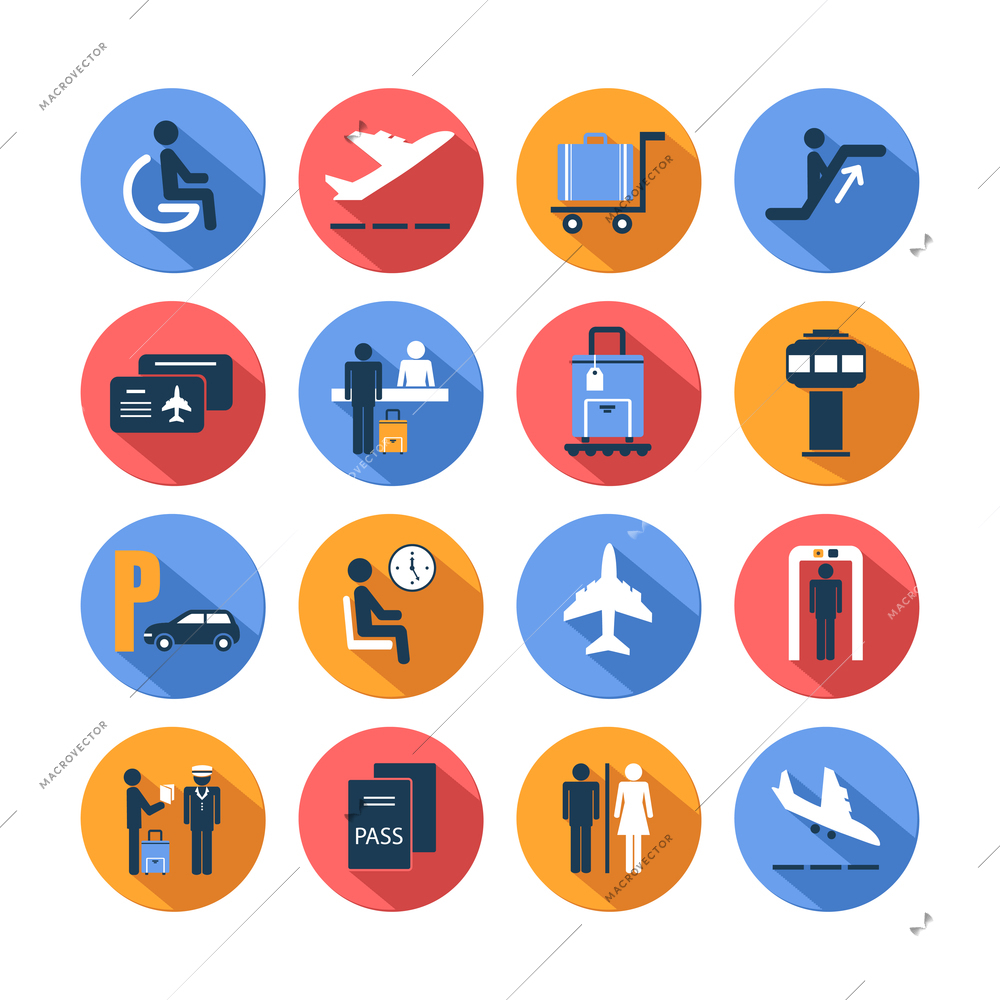 Colored airport transportation flat icons set with staff suitcase lounge cart isolated vector illustration