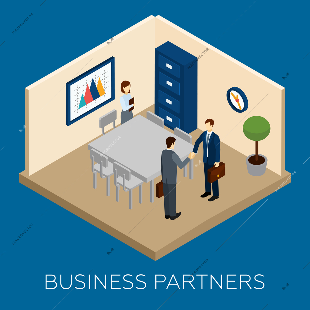 Partnership concept with isometric business people in conference room vector illustration