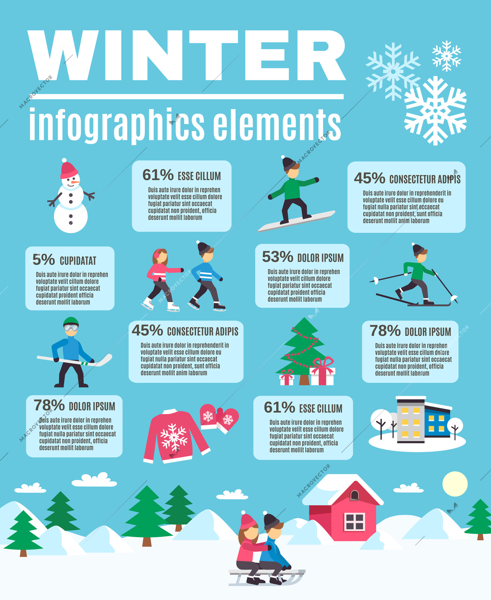 Winter outdoor activities warm clothing and season celebration flat icons infographic elements with text banner vector illustration