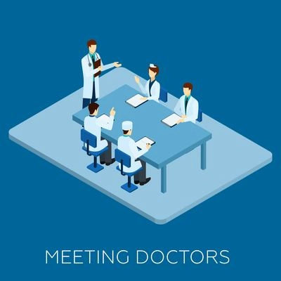 Doctor meeting concept with isometric medical personnel at table vector illustration