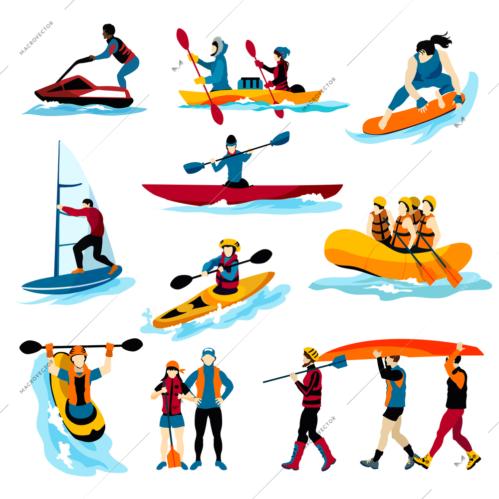 Extreme water sports flat color icons set with people in rafting surfing canoeing kayaking windsurfing isolated vector illustration