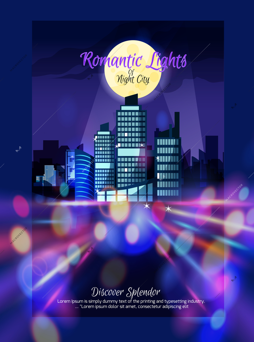 City nightscape purple poster in frame with skyscrapers illuminated by moon building silhouettes and colorful lights flat vector illustration