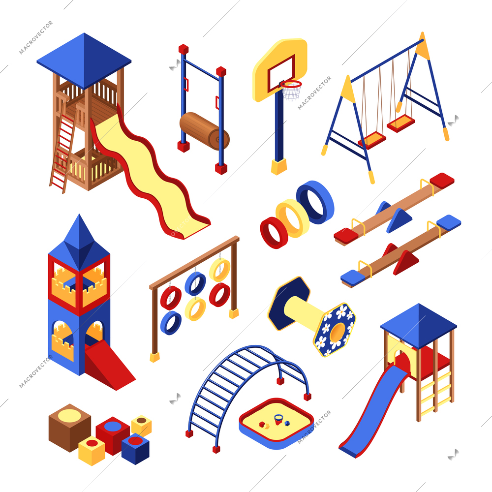 Icons set of different colorful playground equipments and constructions isometric 3d isolated vector illustration