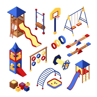 Icons set of different colorful playground equipments and constructions isometric 3d isolated vector illustration