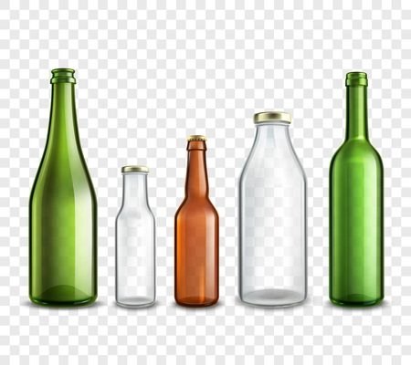 Glass bottles realistic 3d set isolated on transparent background vector illustration