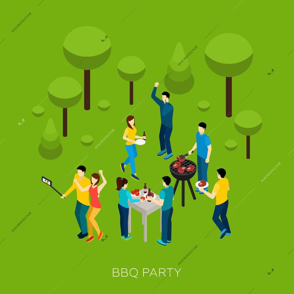 Friends bbq party with isometric people and grill equipment vector illustration