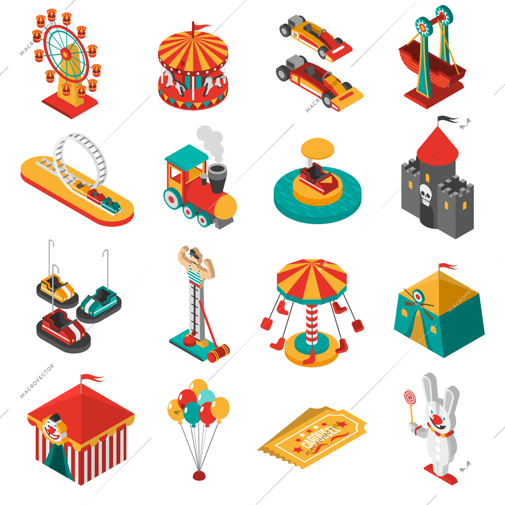 Travelling amusements park isometric icons collection with ferris observation wheel and circus tent abstract isolated vector illustration