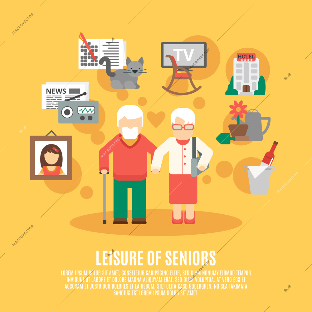 Leisure of seniors poster with elder couple and icons of time spent options around flat vector illustration