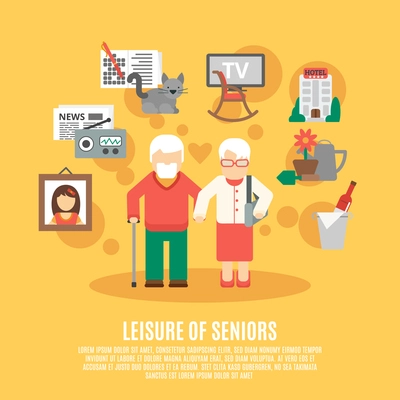 Leisure of seniors poster with elder couple and icons of time spent options around flat vector illustration