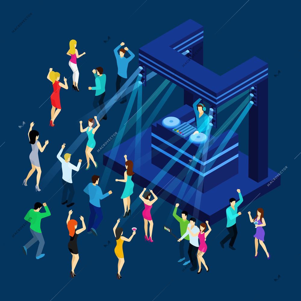 Dancing people with dance floor dj music and light isometric vector illustration