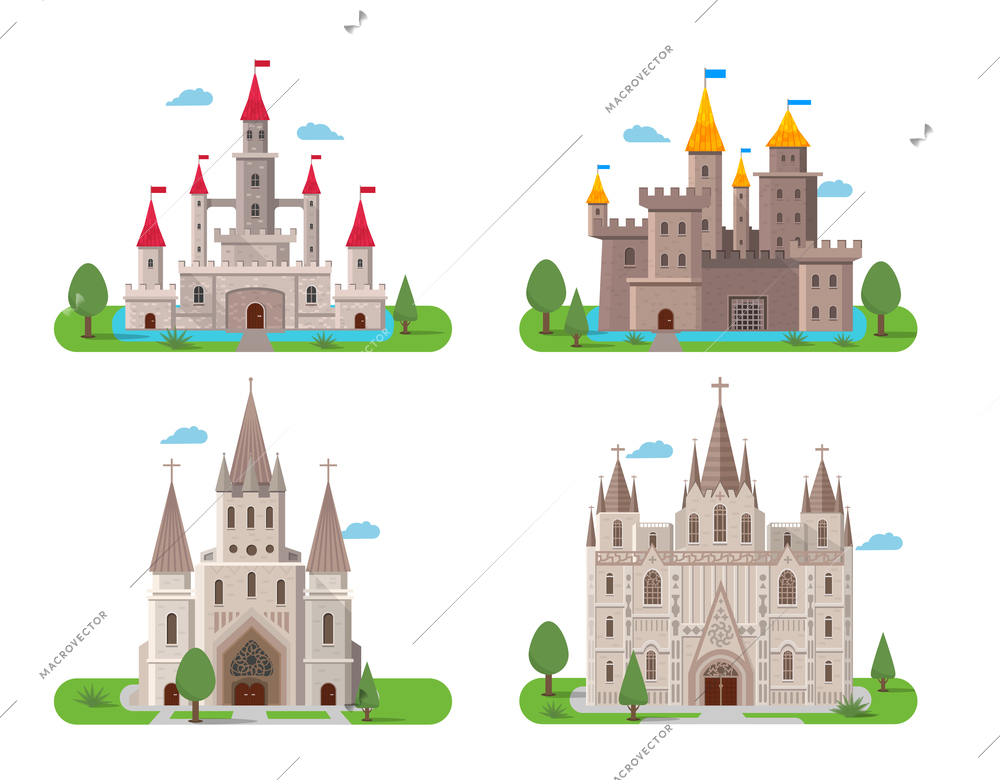 Medieval ancient castle buildings flat icons set isolated vector illustration