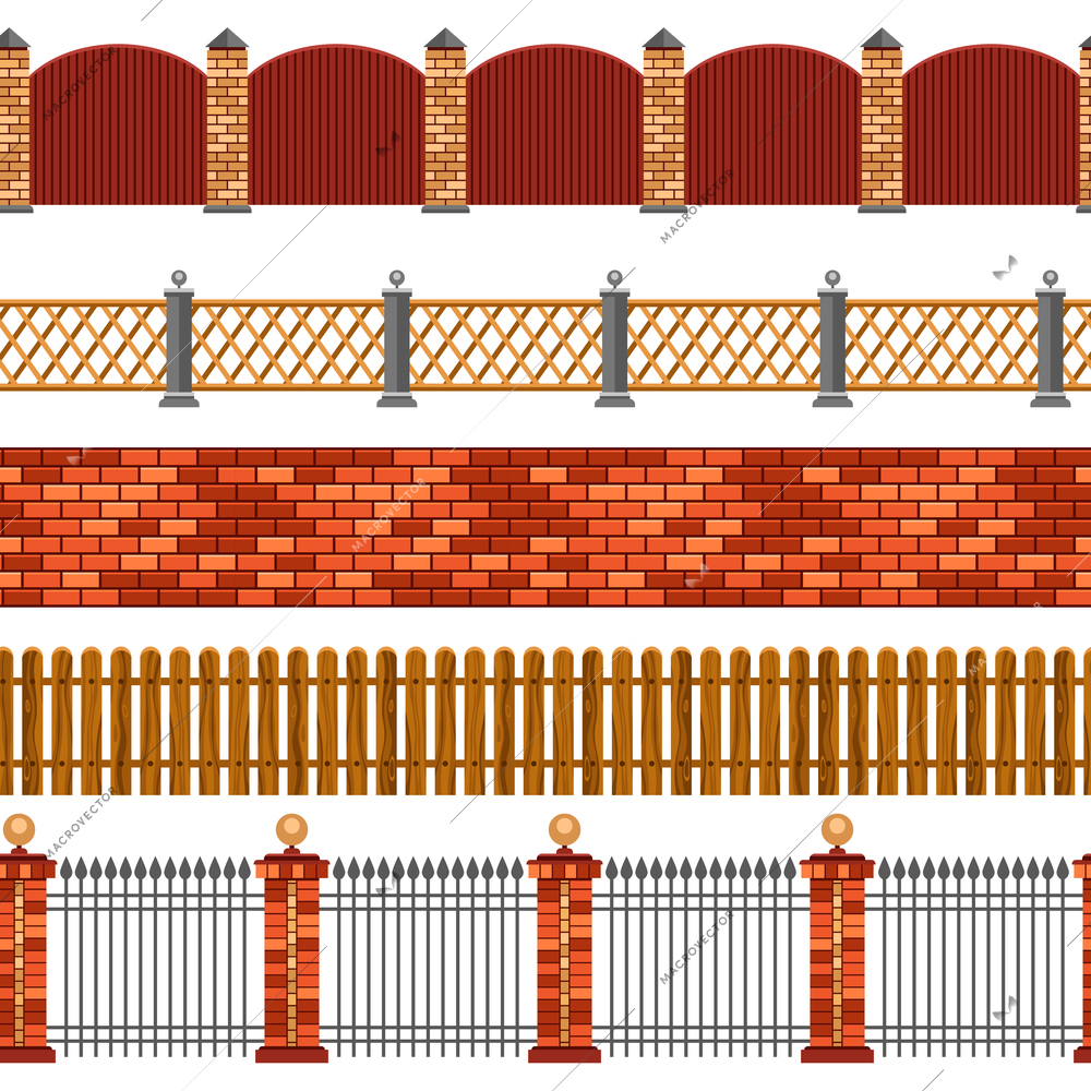 Vector illustration of horizontal seamless set of flat isolated fences and borders on white background