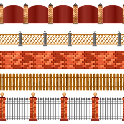 Vector illustration of horizontal seamless set of flat isolated fences and borders on white background