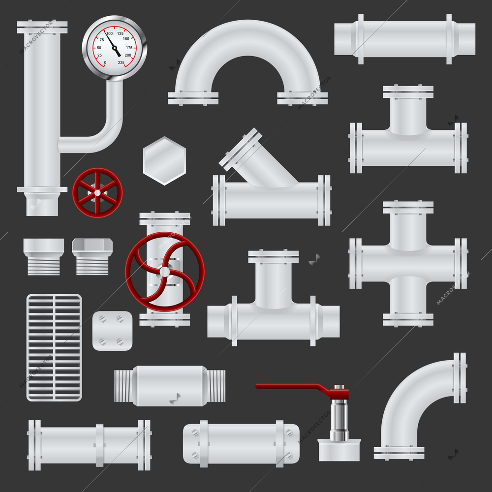 Realistic pipeline realistic icons set with metal steel tubes and pipe elements isolated vector illustration