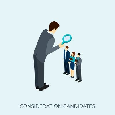 Choosing a candidate for a job concept with magnifying glass isometric vector illustration