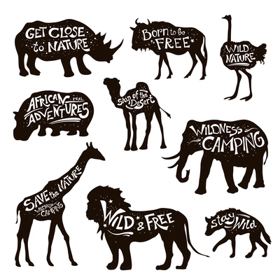 Wild african animals icons set with save nature message white on black lettering abstract isolated vector illustration