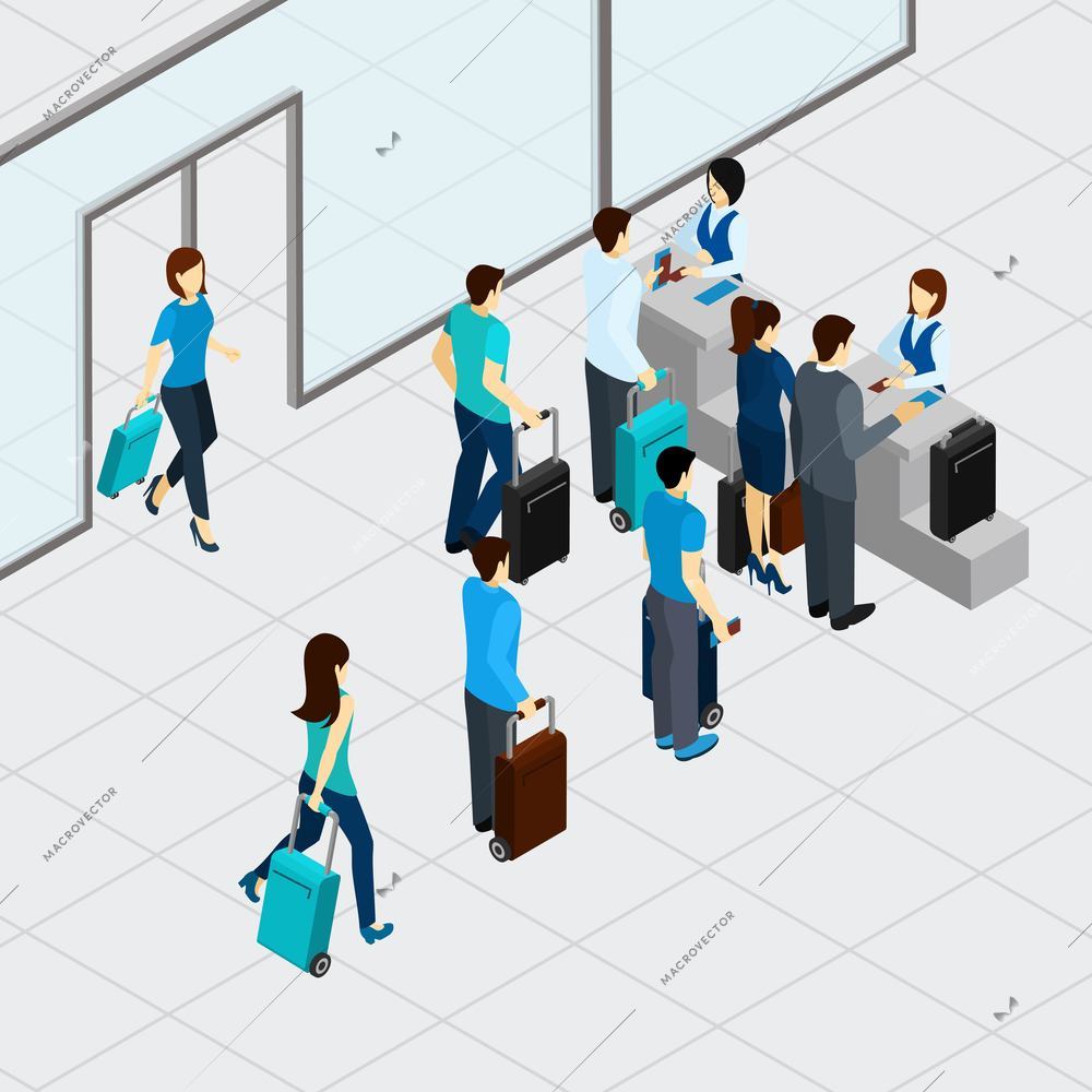 Airport check in line with isometric people with suitcases vector illustration