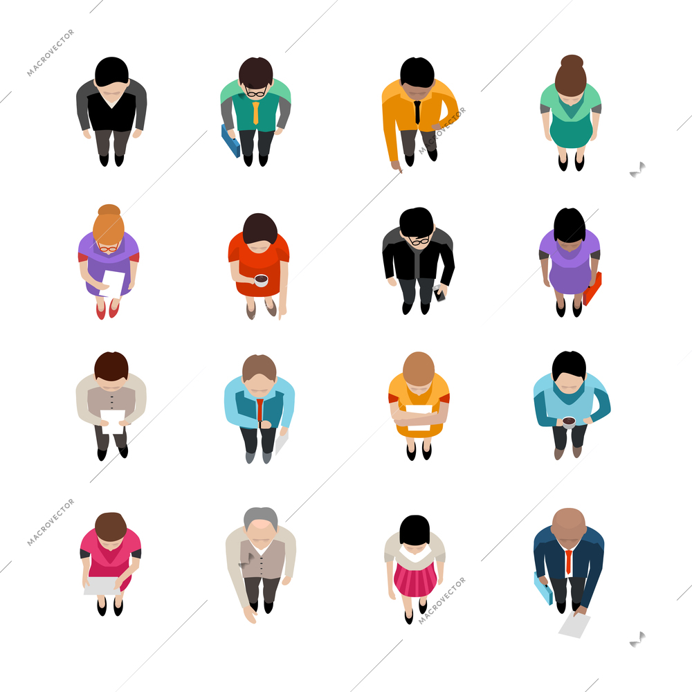 Top view on standing and going business people flat isolated icons with bags and documents vector illustration