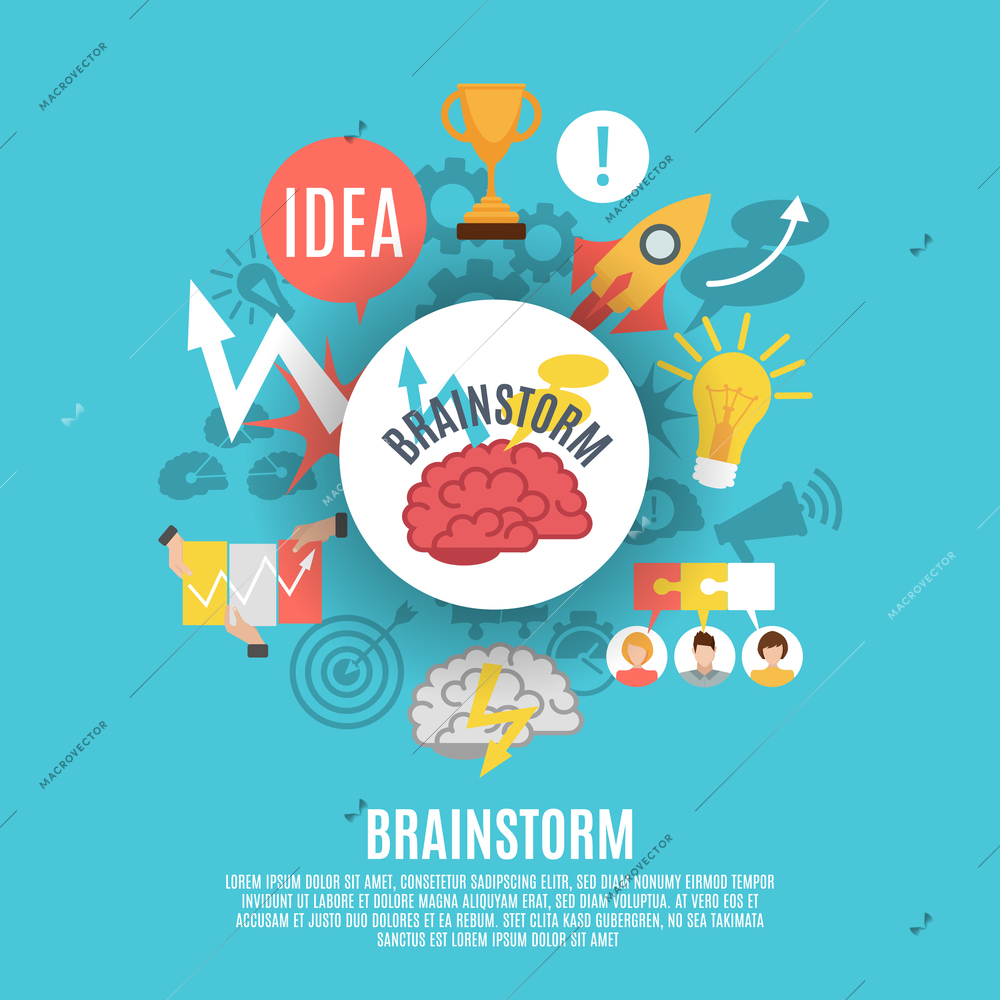 Flat poster composed of different brainstorm icons including red brain in center on blue background vector illustration