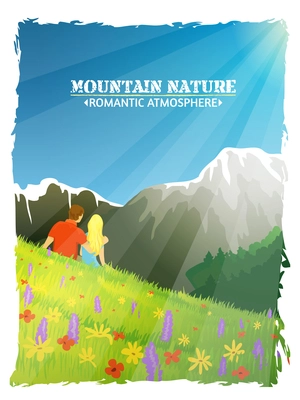 Mountain landscape nature background poster with tourists sitting among alpine spring flowers abstract vector illustration