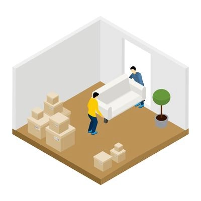 People moving in and out with furniture and boxes isometric vector illustration