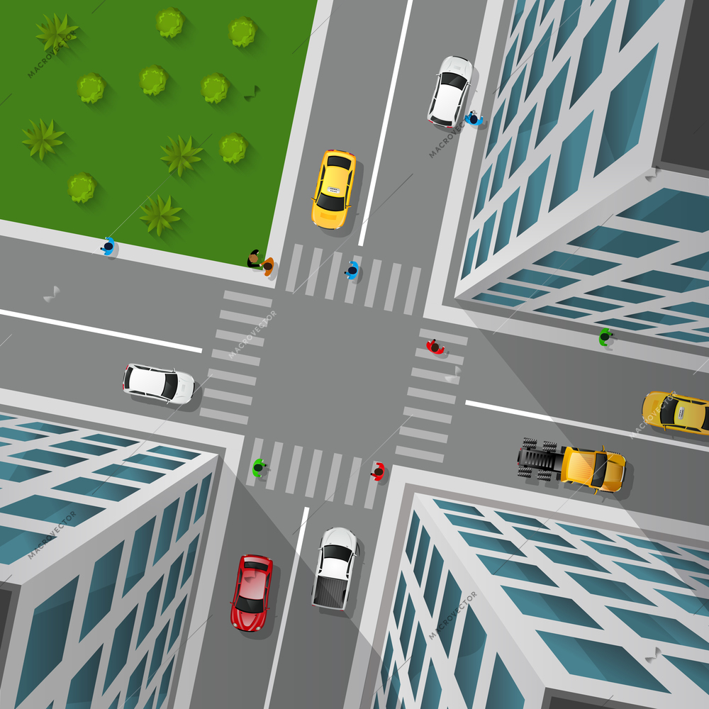 City street top view 3d design concept with crossroad cars buildings and markings of pedestrian crossings vector illustration