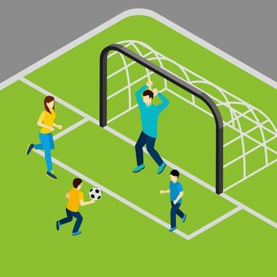 Family playing football with mother father and children isometric vector illustration