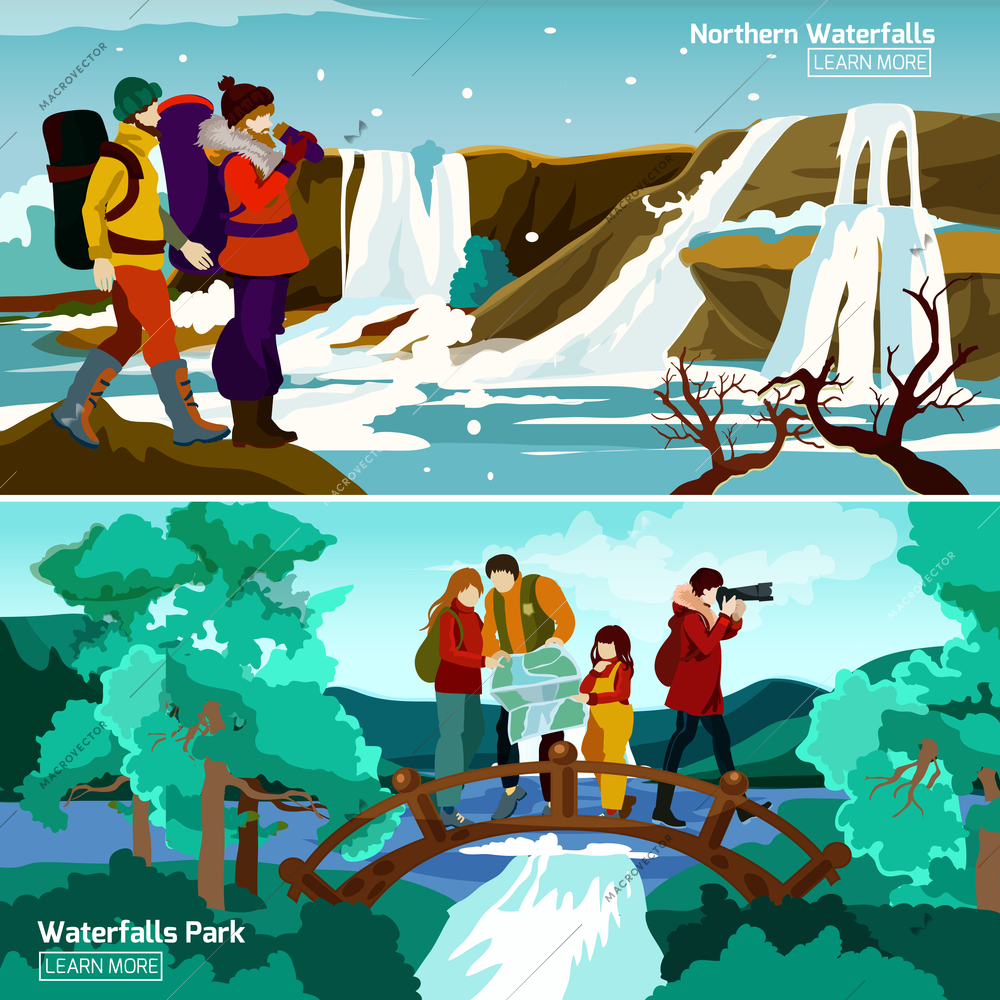 Two flat waterfall landscapes compositions with north travelers and family walking in park vector illustration
