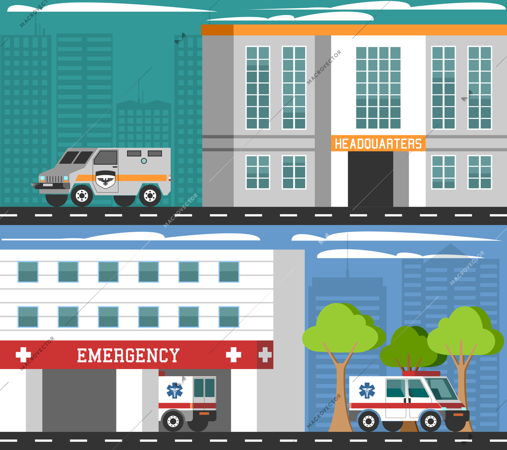 Hospital first aid and military department headquarters emergency vehicles 2 flat horizontal banners composition abstract isolated vector illustration