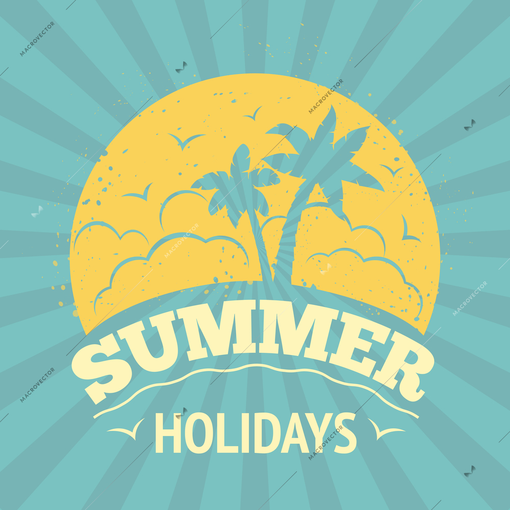 Summer holiday vacation travel background poster with sunset and palm trees vector illustration