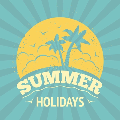 Summer holiday vacation travel background poster with sunset and palm trees vector illustration